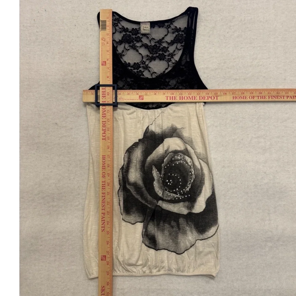 Tres Bien Womens Large‎ Lace Yoke Rose Graphic Rhinestone Tank Top Cream Black